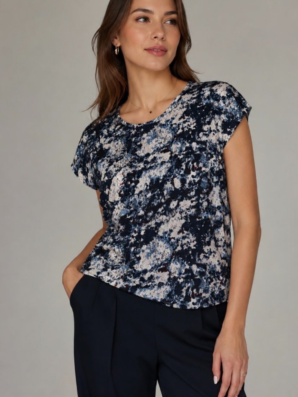 ICHI Abstract Print Short Sleeve Blouse Size S Lightweight Casual Top